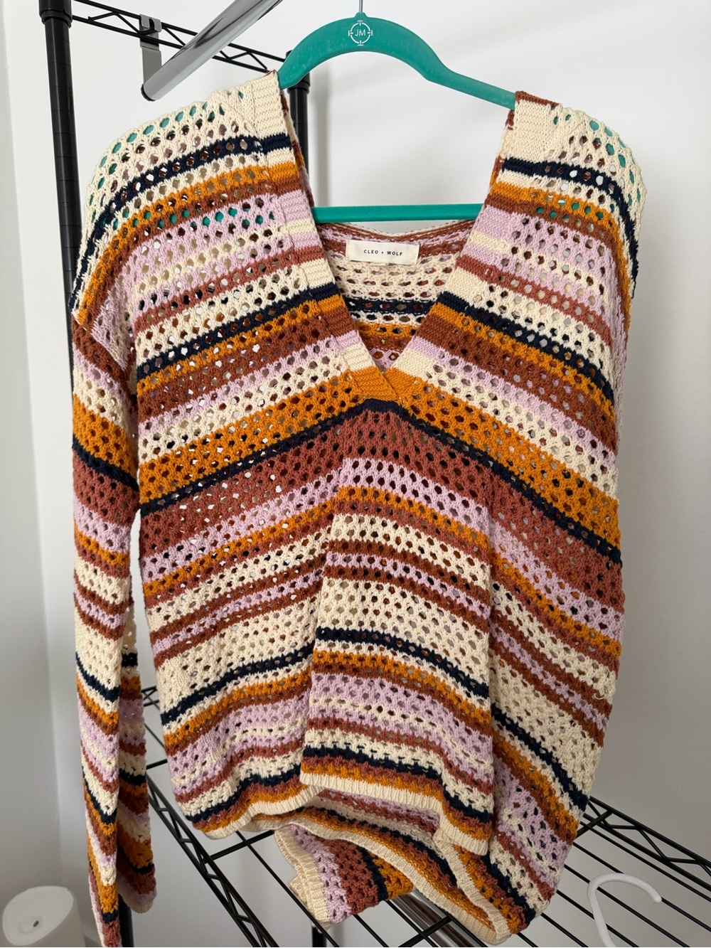 Open-Knit V-Neck Stripe Sweater in Cream and Multi